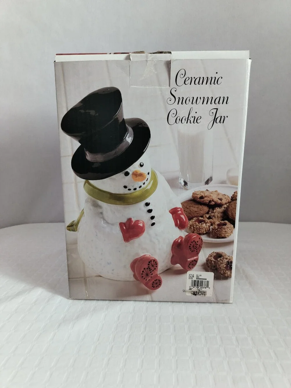 Festive Ceramic Snowman Cookie Jar With Black Top Hat and Green Scarf
